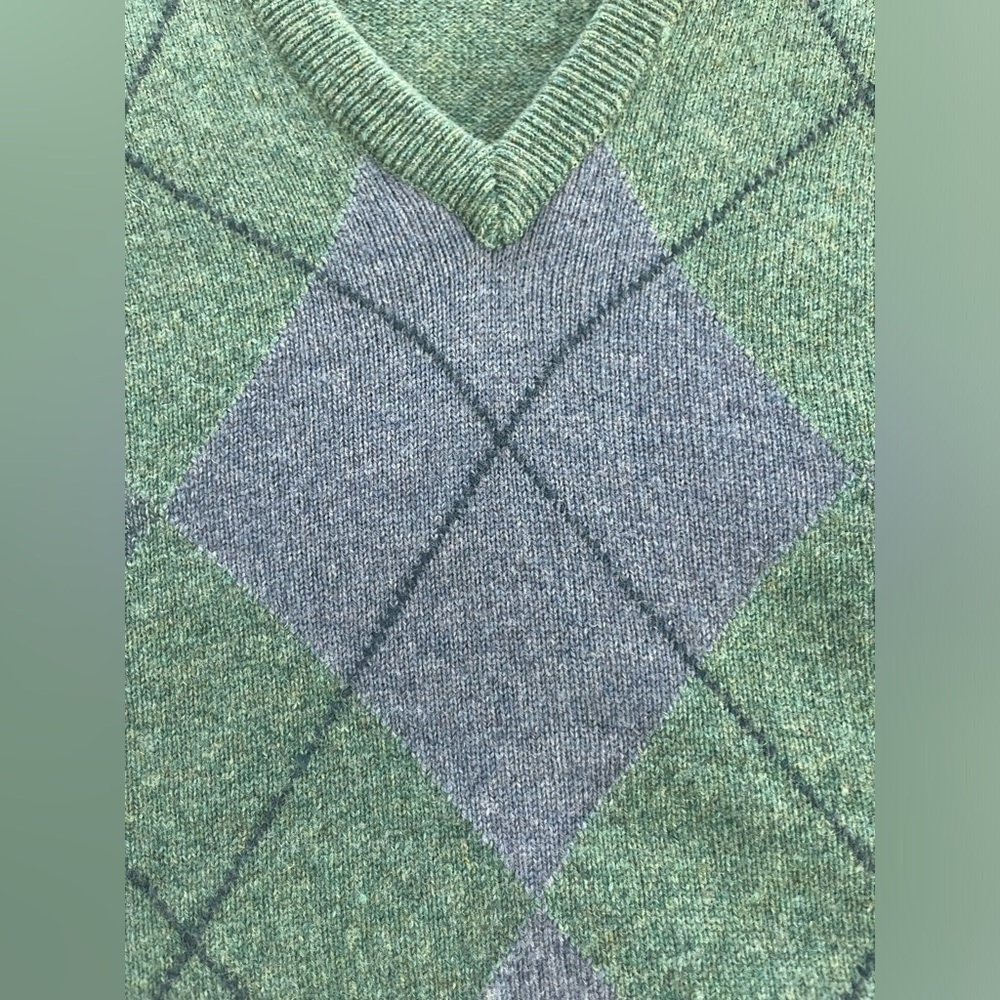 Alan Paine Green & Blue Argyle Lambswool Men's Sweater, XL - Picture 3 of 8